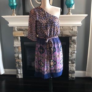 Navy pink coral print one shoulder dress